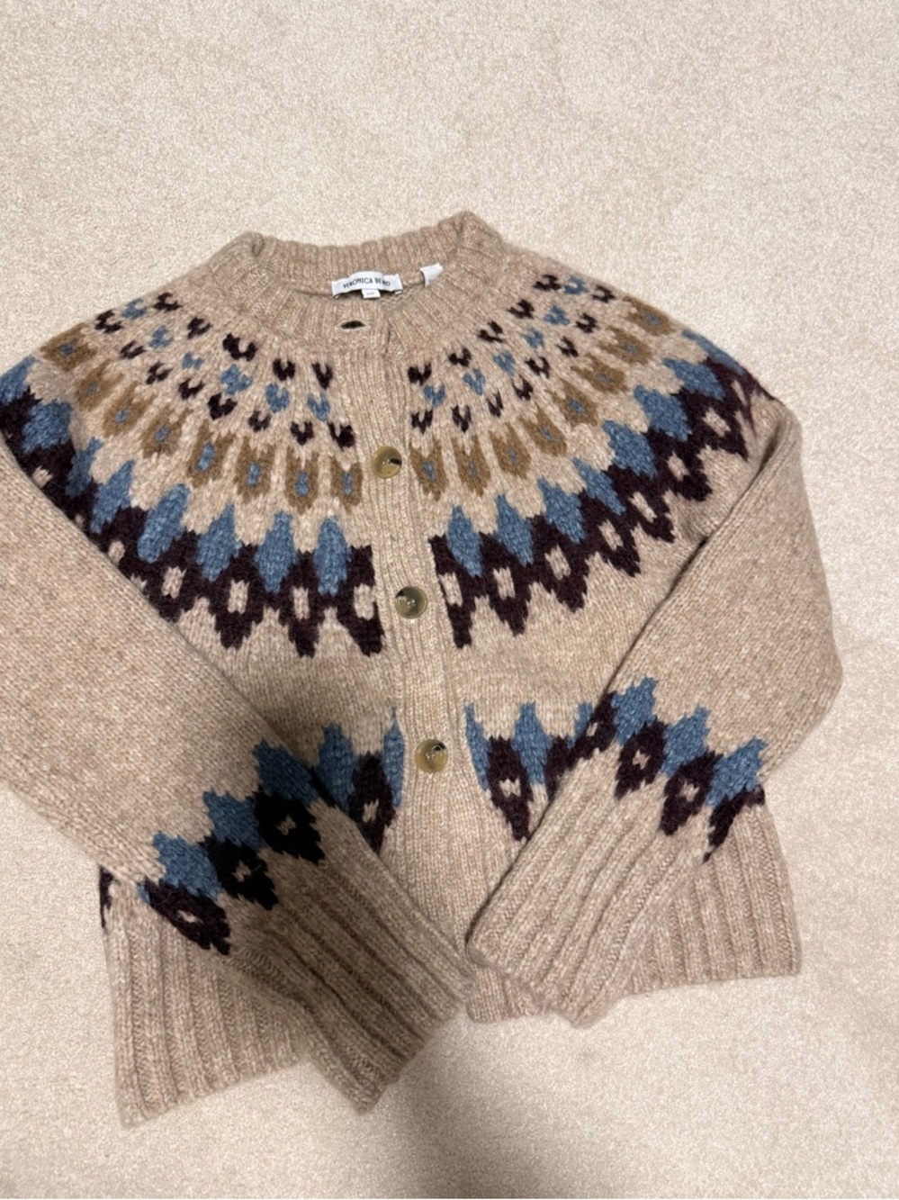 Beige Fair Isle Button-Front Knit Cardigan Sweater - Picture 5 of 7